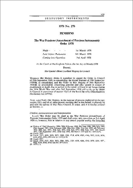 The War Pensions (Amendment of Previous Instruments) Order 1978