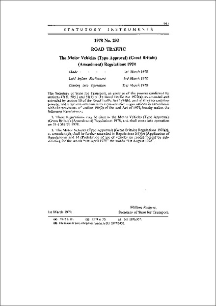 The Motor Vehicles (Type Approval) (Great Britain) (Amendment) Regulations 1978