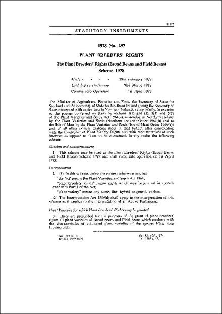 The Plant Breeders' Rights (Broad Beans and Field Beans) Scheme 1978