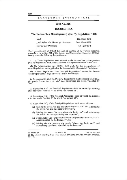 The Income Tax (Employments) (No. 7) Regulations 1978
