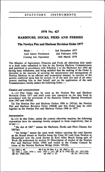 The Newlyn Pier and Harbour Revision Order 1977