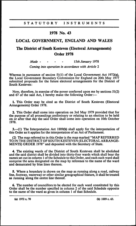 The District of South Kesteven (Electoral Arrangements) Order 1978