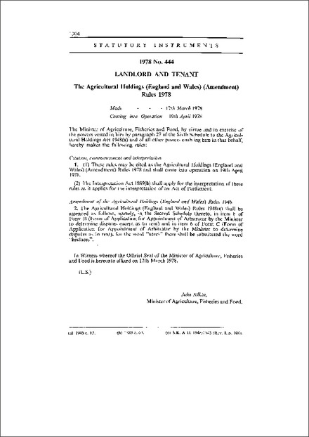 The Agricultural Holdings (England and Wales) (Amendment) Rules 1978