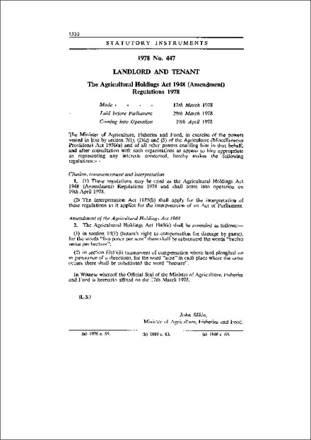The Agricultural Holdings Act 1948 (Amendment) Regulations 1978