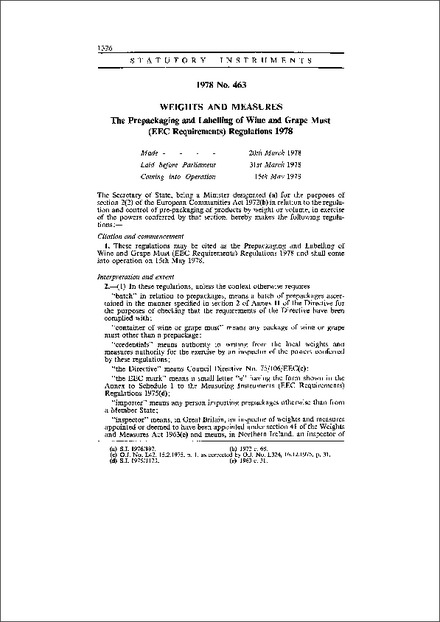 The Prepackaging and Labelling of Wine and Grape Must (EEC Requirements) Regulations 1978