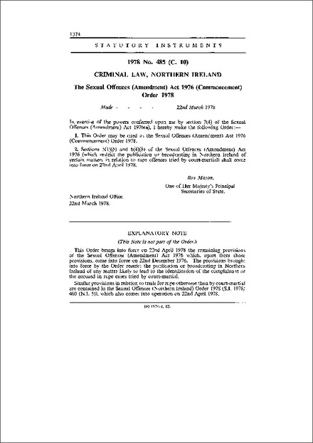 The Sexual Offences (Amendment) Act 1976 (Commencement) Order 1978