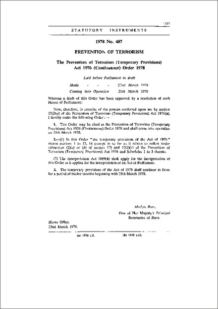 The Prevention of Terrorism (Temporary Provisions) Act 1976 (Continuance) Order 1978