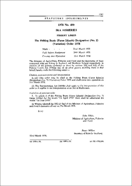 The Fishing Boats (Faroe Islands) Designation (No. 2) (Variation) Order 1978
