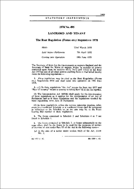 The Rent Regulation (Forms etc.) Regulations 1978