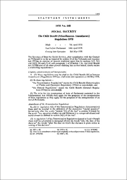 The Child Benefit (Miscellaneous Amendments) Regulations 1978
