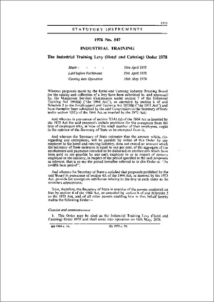The Industrial Training Levy (Hotel and Catering) Order 1978