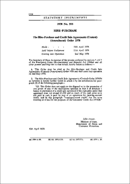 The Hire-Purchase and Credit Sale Agreements (Control) (Amendment) Order 1978