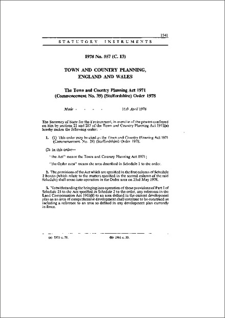 The Town and Country Planning Act 1971 (Commencement No. 39) (Staffordshire) Order 1978