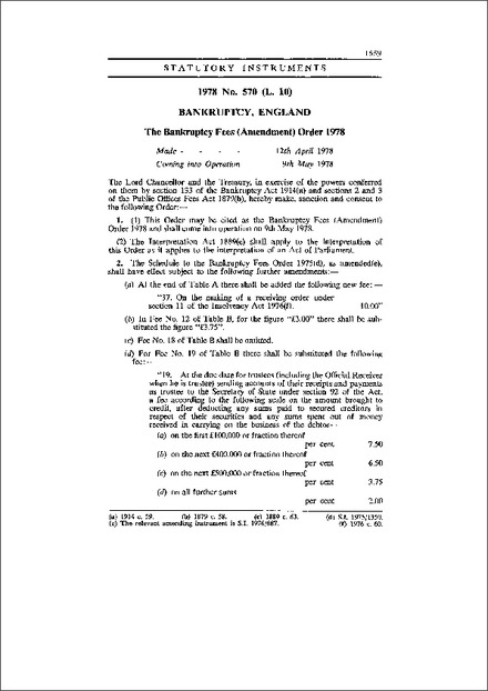 The Bankruptcy Fees (Amendment) Order 1978