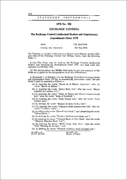 The Exchange Control (Authorised Dealers and Depositaries) (Amendment) Order 1978