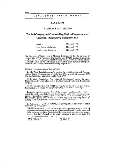 The Anti-Dumping and Countervailing Duties (Postponement of Collection) (Amendment) Regulations 1978