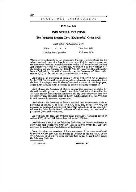 The Industrial Training Levy (Engineering) Order 1978