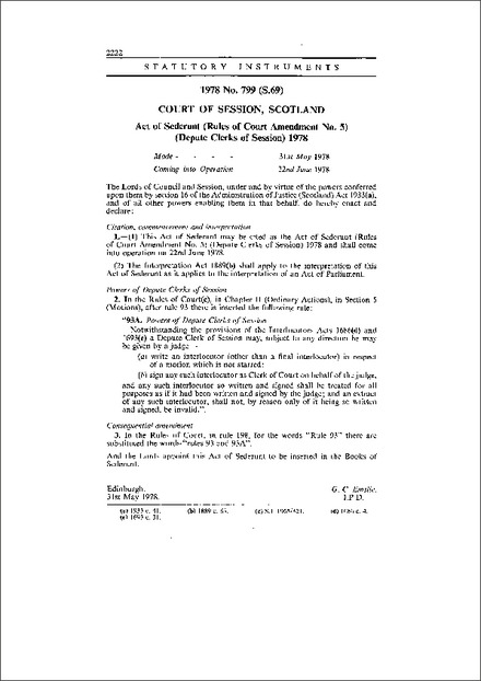 Act of Sederunt (Rules of Court Amendment No. 5) (Depute Clerks of Session) 1978