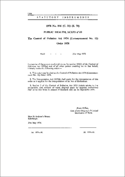 The Control of Pollution Act 1974 (Commencement No. 12) Order 1978