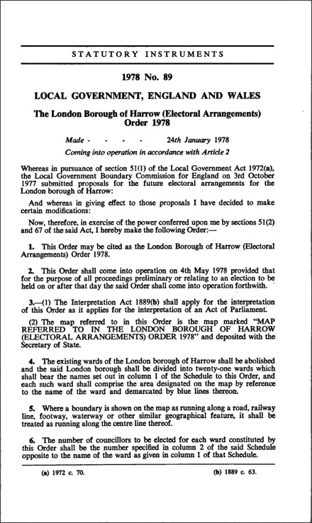 The London Borough of Harrow (Electoral Arrangements) Order 1978