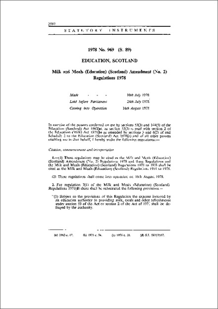 Milk and Meals (Education) (Scotland) Amendment (No. 2) Regulations 1978
