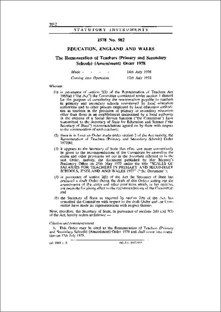 The Remuneration of Teachers (Primary and Secondary Schools) (Amendment) Order 1978