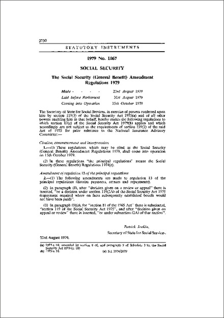 The Social Security (General Benefit) Amendment Regulations 1979