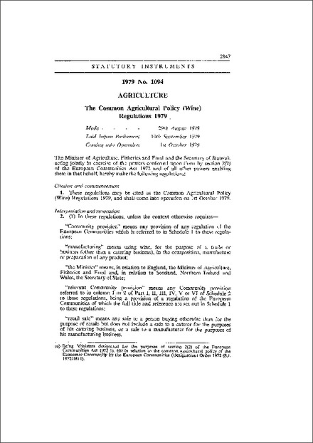 The Common Agricultural Policy (Wine) Regulations 1979