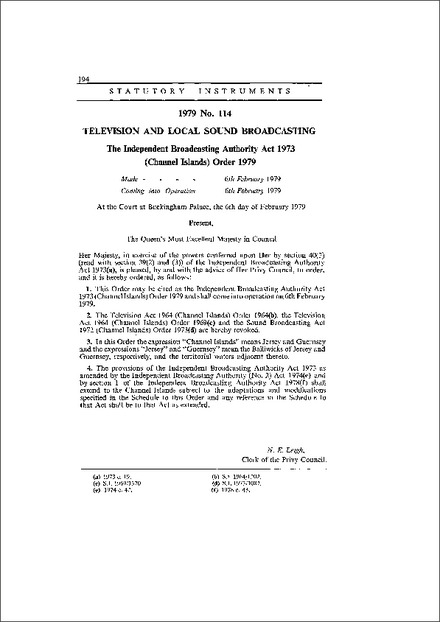 The Independent Broadcasting Authority Act 1973 (Channel Islands) Order 1979