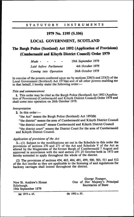 The Burgh Police (Scotland) Act 1892 (Application of Provisions) (Cumbernauld and Kilsyth District Council) Order 1979