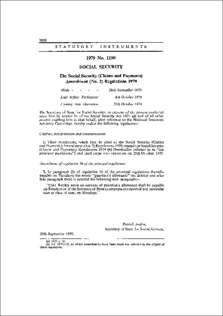 The Social Security (Claims and Payments) Amendment (No. 2) Regulations 1979