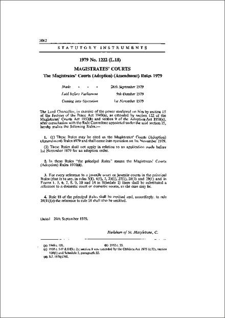The Magistrates' Courts (Adoption) (Amendment) Rules 1979