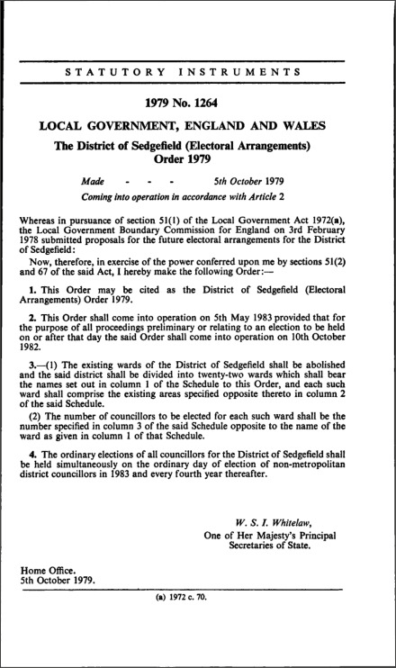 The District of Sedgefield (Electoral Arrangements) Order 1979