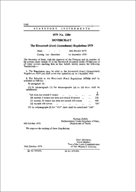 The Hovercraft (Fees) (Amendment) Regulations 1979