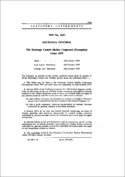 The Exchange Control (Bodies Corporate) (Exemption) Order 1979