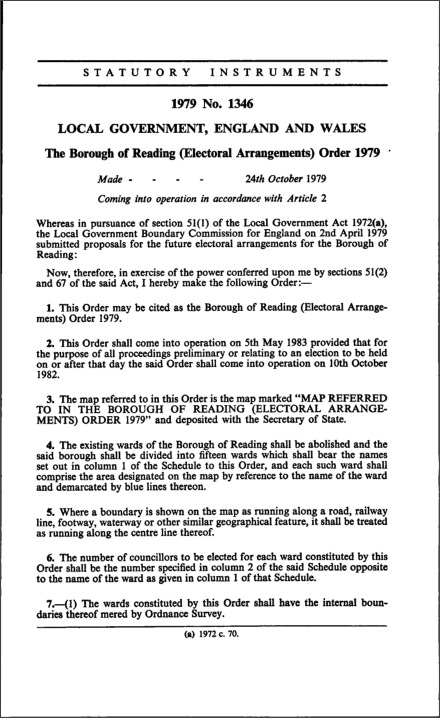 The Borough of Reading (Electoral Arrangements) Order 1979