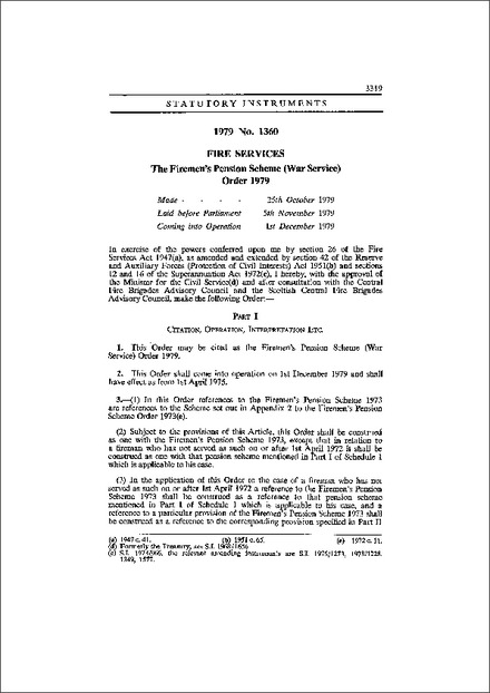 The Firemen's Pension Scheme (War Service) Order 1979