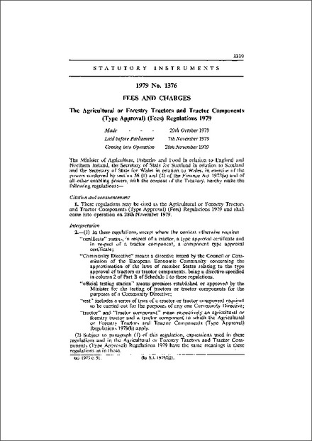 The Agricultural or Forestry Tractors and Tractor Components (Type Approval) (Fees) Regulations 1979
