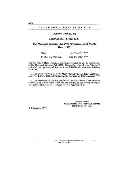The Merchant Shipping Act 1979 (Commencement No. 2) Order 1979