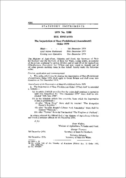 The Importation of Bees (Prohibition) (Amendment) Order 1979