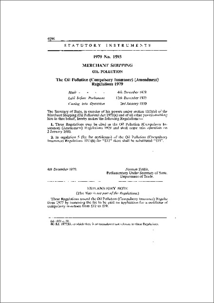 The Oil Pollution (Compulsory Insurance) (Amendment) Regulations 1979