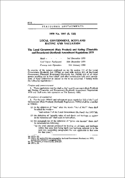 The Local Government (Rate Product) and Rating (Timetable and Procedures) (Scotland) Amendment Regulations 1979