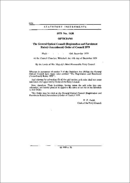 The General Optical Council (Registration and Enrolment Rules) (Amendment) Order of Council 1979
