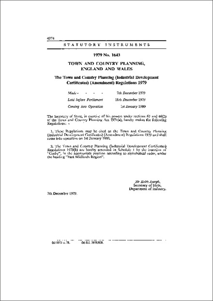 The Town and Country Planning (Industrial Development Certificates) (Amendment) Regulations 1979
