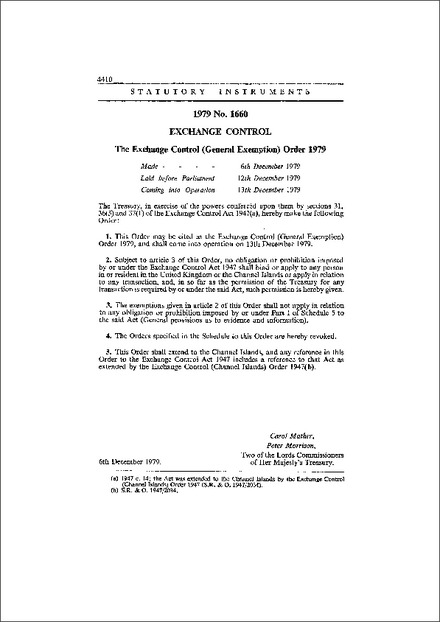 The Exchange Control (General Exemption) Order 1979