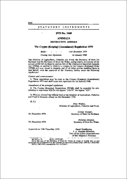 The Coypus (Keeping) (Amendment) Regulations 1979