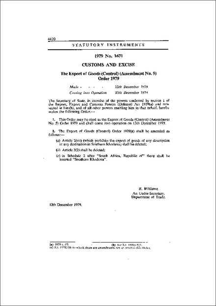 The Export of Goods (Control) (Amendment No. 5) Order 1979