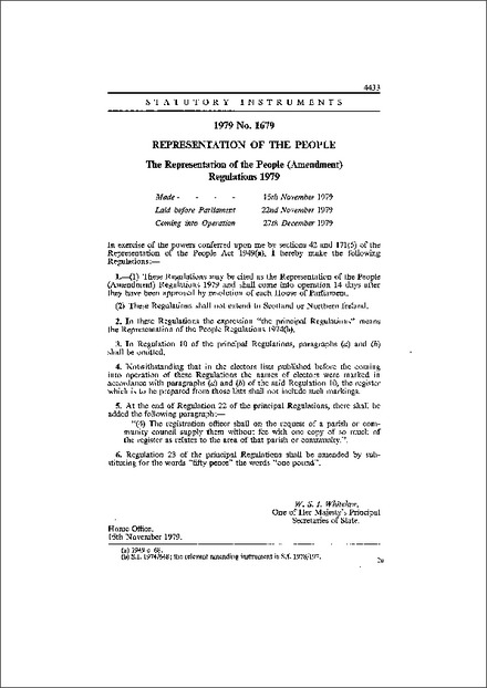 The Representation of the People (Amendment) Regulations 1979