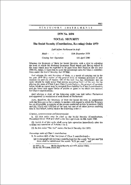The Social Security (Contributions, Re-rating) Order 1979
