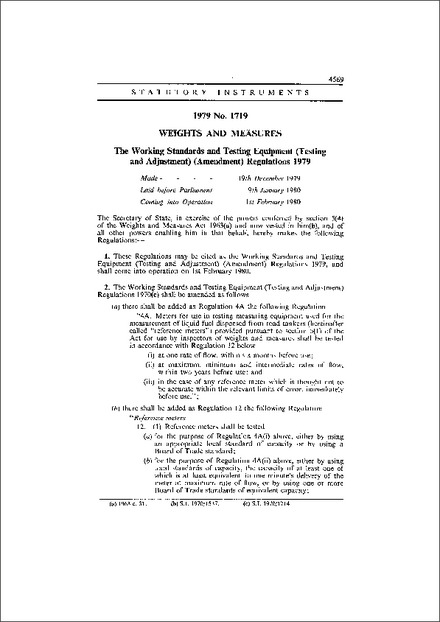 The Working Standards and Testing Equipment (Testing and Adjustment) (Amendment) Regulations 1979